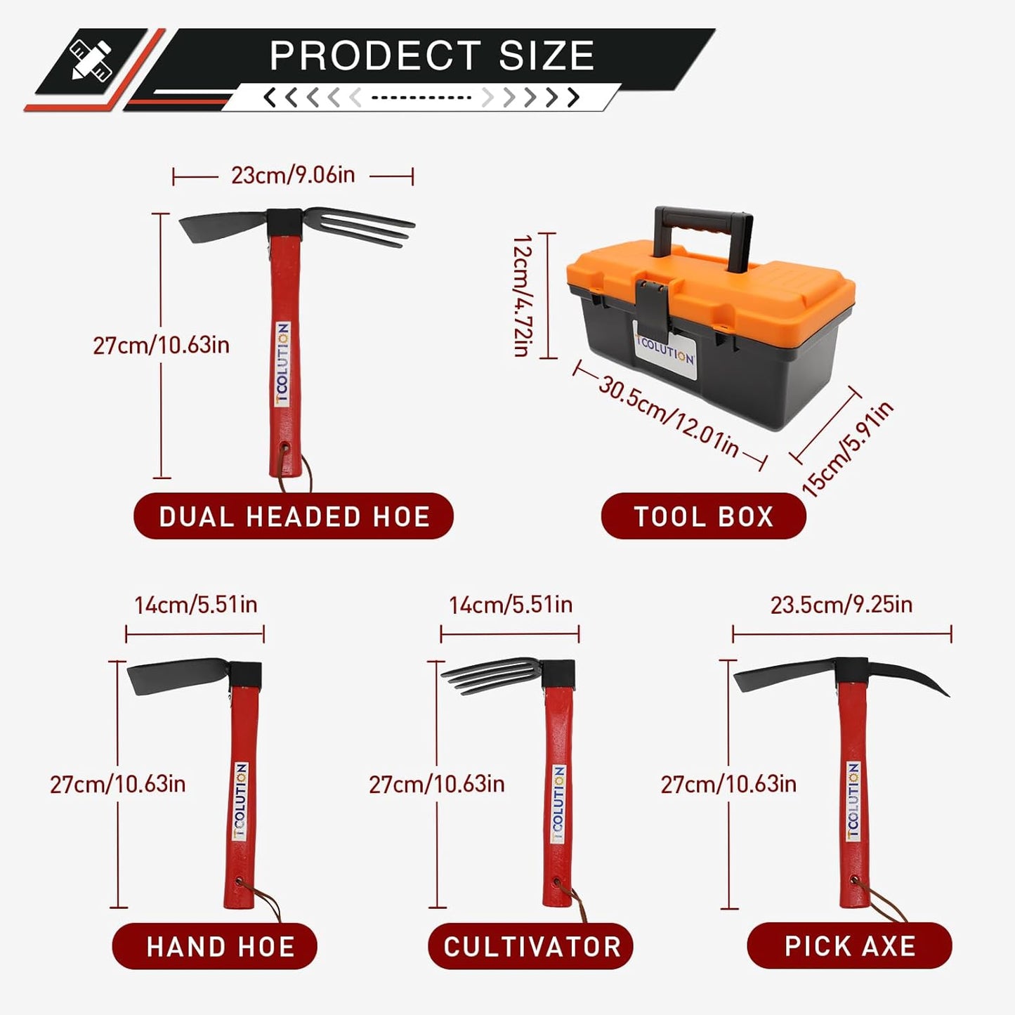 4-Pcs Gardening Tool Set – Pick Axe, Hoe, Hand Tiller & Garden Weasel Rake with 10.6" Wooden Handles, DIY Assembly Required, Garden Tools for Digging, Soil Loosening, Weeding & Cultivating