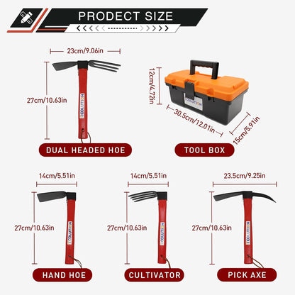 4-Pcs Gardening Tool Set – Pick Axe, Hoe, Hand Tiller & Garden Weasel Rake with 10.6" Wooden Handles, DIY Assembly Required, Garden Tools for Digging, Soil Loosening, Weeding & Cultivating
