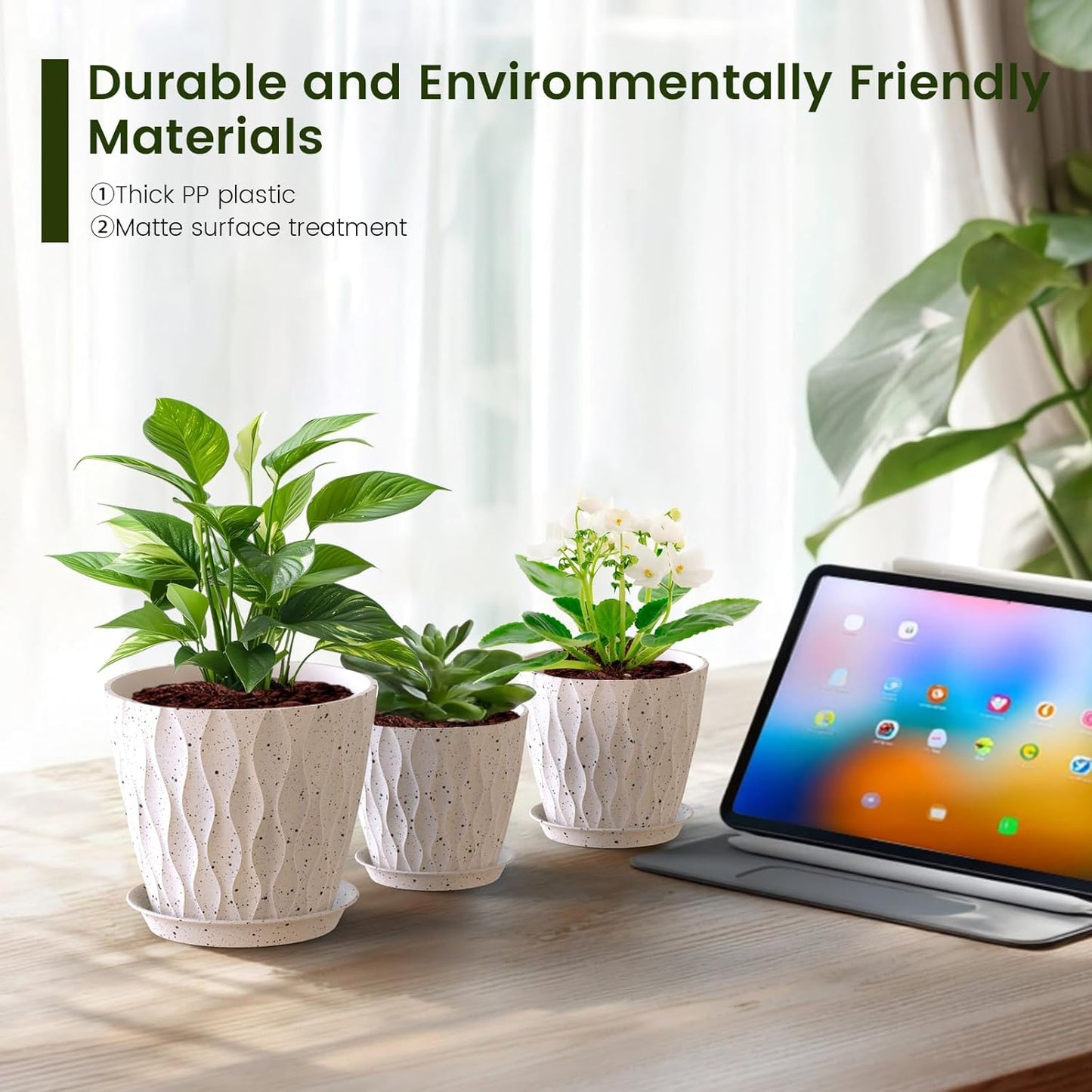 7/6.5/6/5.5/5/4.5/4 inch Plant Pots for Indoor Outdoor Plants, 7 Pack Thick Flower Pots with Drainage Holes and Saucers, Modern Wave Texture Plastic Planters Nursery Pots, Speckled White