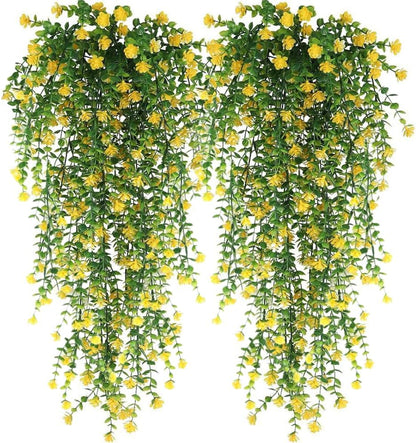 WEISPARK Artificial Hanging Flowers, 4pcs Fake Eucalyptus Vine Faux Flower Greenery Garland Plastic Plants for Indoor Outdoor Wall Garden Wedding Home Party Decor (Yellow)