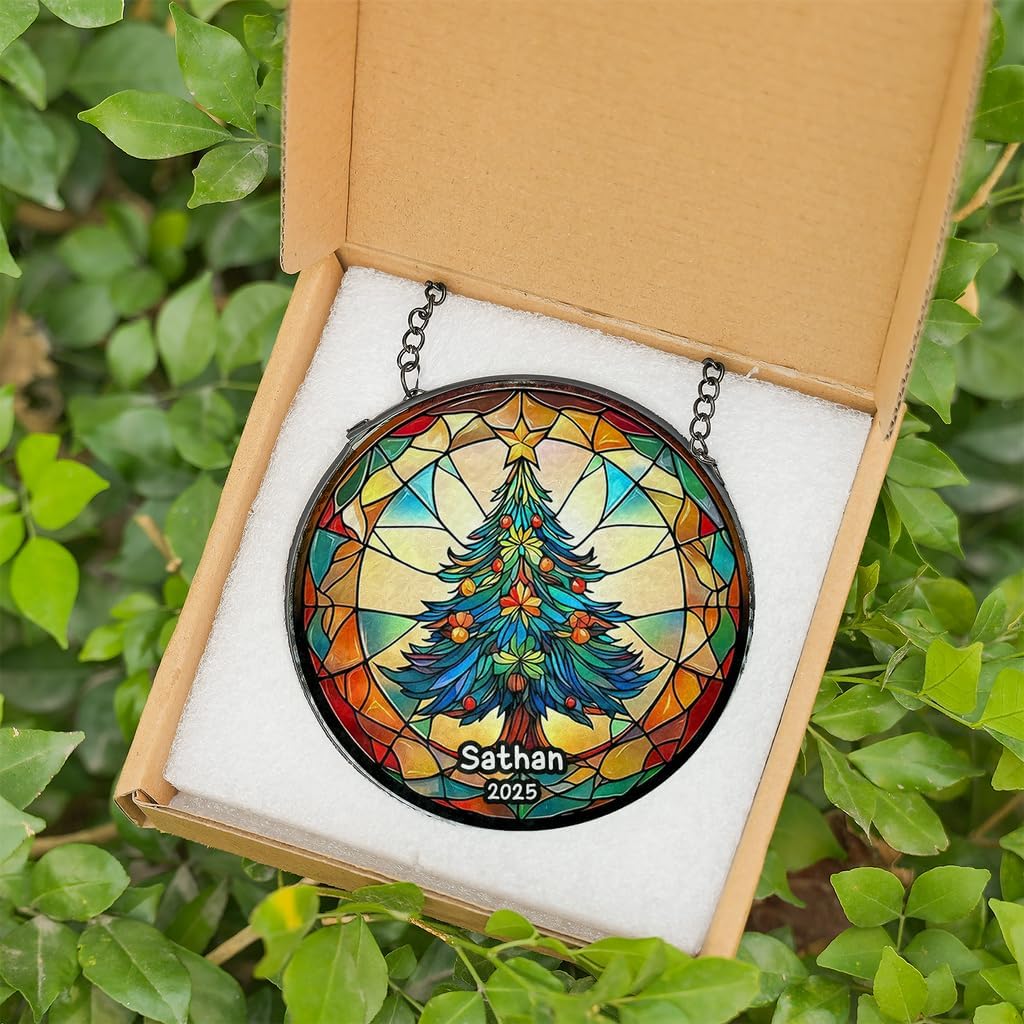 Personalized Stained Glass Christmas Tree Suncatcher, Christmas Handcraft Holiday Ornament with Name and Number, Gift for Family or Friend, Gift for Décor