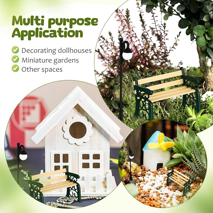 Toyvian Dollhouse Miniature Park Bench Miniature Garden Chair Seat Props Fairy Garden Bench with Mini Street Lamp Post Light Decor for Dollhouses Decoration Garden Ornaments