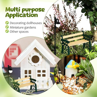 Toyvian Dollhouse Miniature Park Bench Miniature Garden Chair Seat Props Fairy Garden Bench with Mini Street Lamp Post Light Decor for Dollhouses Decoration Garden Ornaments