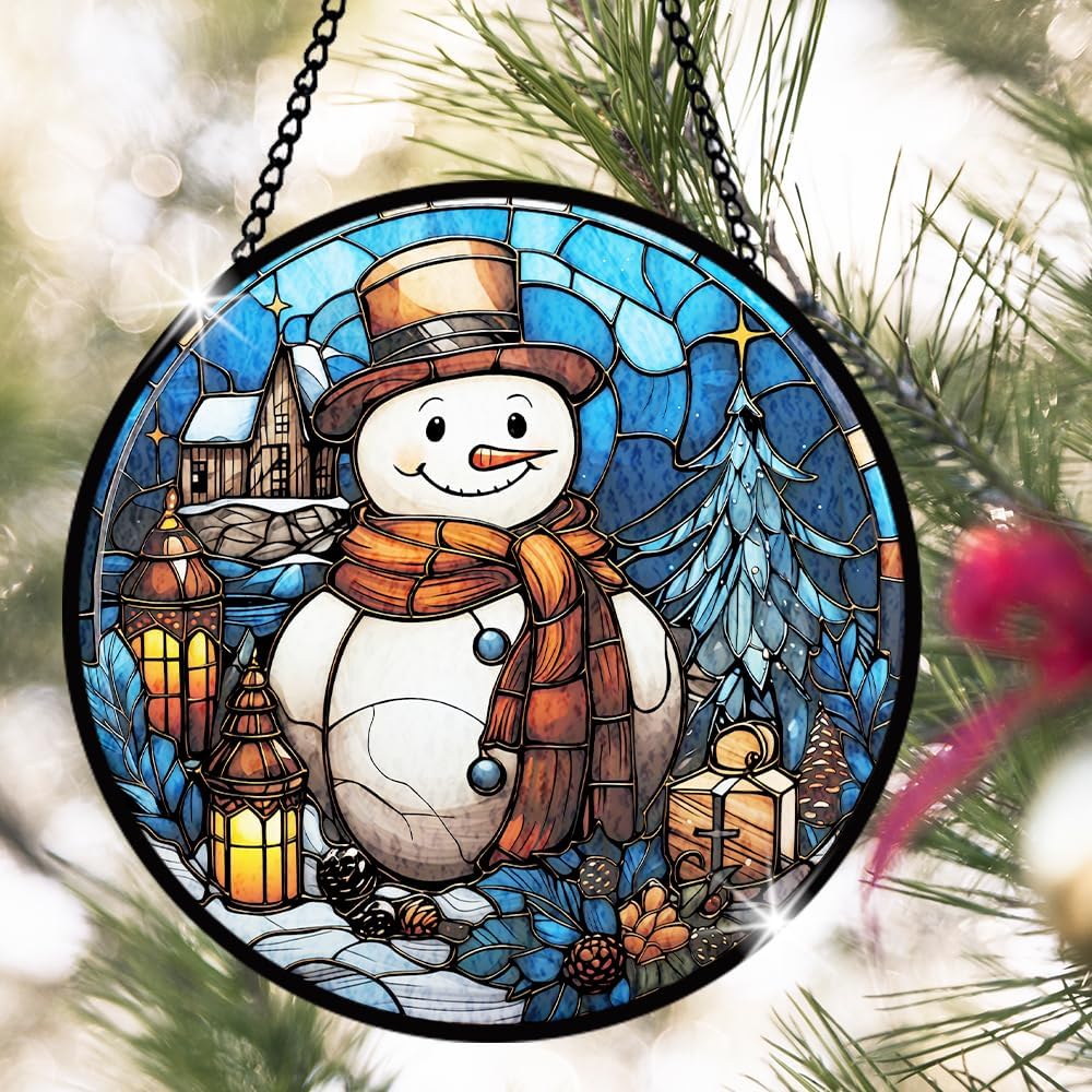Snowman Stained Glass Window Hanging, Christmas Snowman Stained Glass Window Hanging, Snowflake Glass Ornam Decoration for Winter Holiday Party, Merry Christmas Glass Ornament Gift for Family Friend