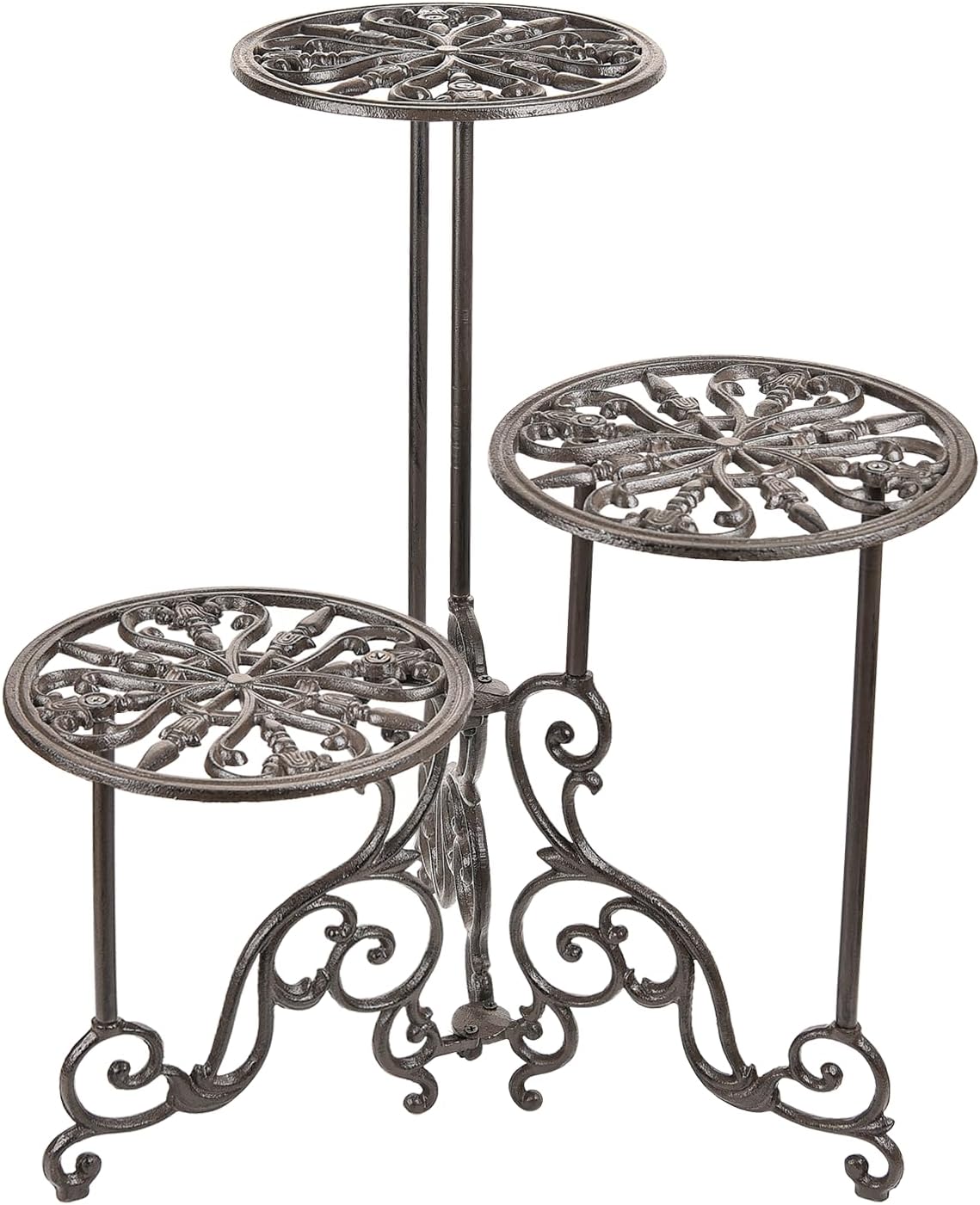 Sungmor Heavy Duty Cast Iron Plant stand, 3 Tier Foldable Metal Plant Shelf, 24in Tall Vintage Flower Pot Holder Indoor Outdoor Tiered Plant Stand, Rustic Plant Display Rack for Corner Balcony Patio