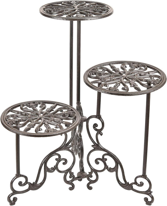 Sungmor Heavy Duty Cast Iron Plant stand, 3 Tier Foldable Metal Plant Shelf, 24in Tall Vintage Flower Pot Holder Indoor Outdoor Tiered Plant Stand, Rustic Plant Display Rack for Corner Balcony Patio