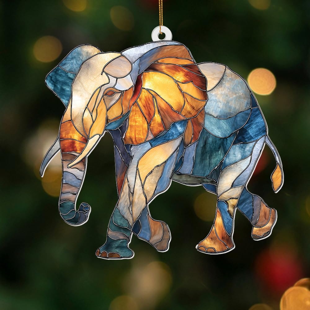 Elephant Ornament Stained Glass Style Acrylic – Window Hanging Suncatcher, Elephant Gifts for Women, Wildlife Animal Decor, Rearview Mirror Ornament, Holiday Christmas Tree Decorations(Sun-27)