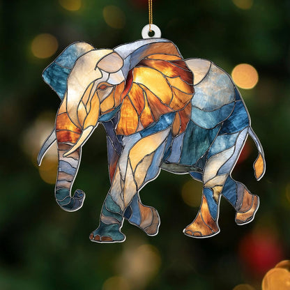 Elephant Ornament Stained Glass Style Acrylic – Window Hanging Suncatcher, Elephant Gifts for Women, Wildlife Animal Decor, Rearview Mirror Ornament, Holiday Christmas Tree Decorations(Sun-27)