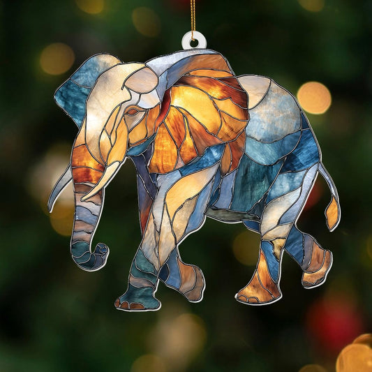Elephant Ornament Stained Glass Style Acrylic – Window Hanging Suncatcher, Elephant Gifts for Women, Wildlife Animal Decor, Rearview Mirror Ornament, Holiday Christmas Tree Decorations(Sun-27)
