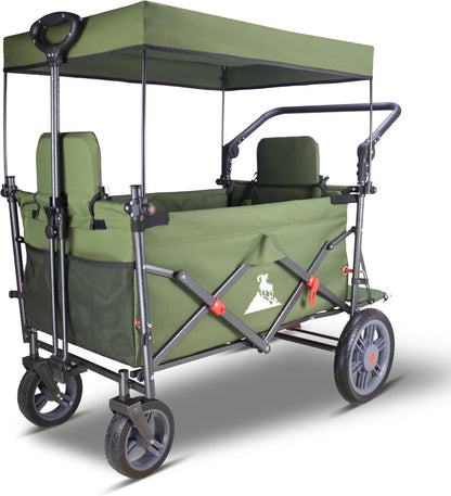 Collapsible Foldable Wagon Cart with Quick-Release Wheels & 2 Seats - Heavy-Duty Utility Wagon 265LBS Capacity for Camping, Garden, Shopping (Green)