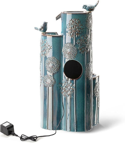 Glitzhome 31.75" H Outdoor Water Fountain with LED Lights and Pump, 4 Tier Dandelion Texture Vase Shaped Ceramic Floor Standing Fountain with Birds for Porch Deck Garden Patio Backyard, Turquoise