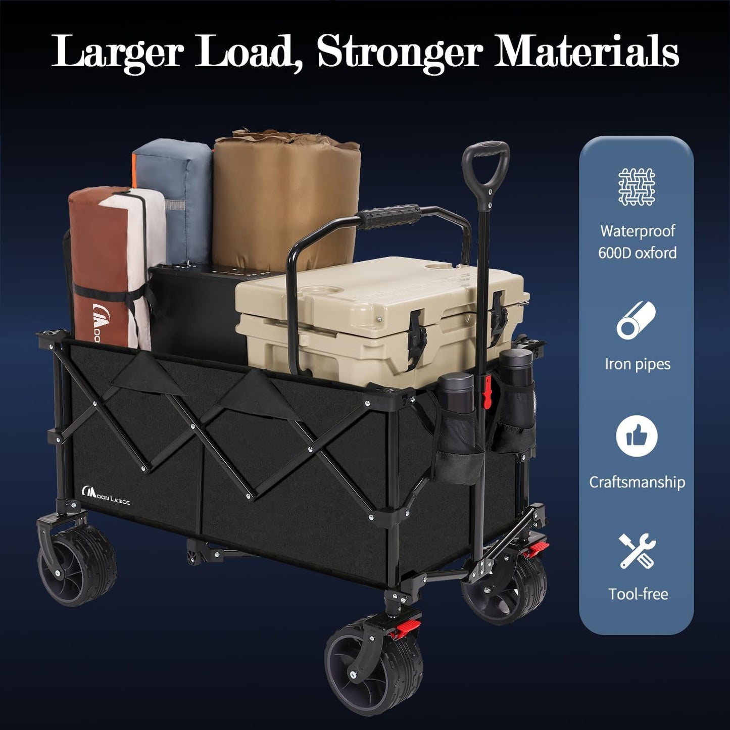 MOON LENCE Large Collapsible Foldable Wagon Cart, 220L Heavy Duty Folding Utility Wagon with All-Terrain Big Wheels, Suiitable for Garden, Grocery, Shopping, Camping, Beach, Picnics
