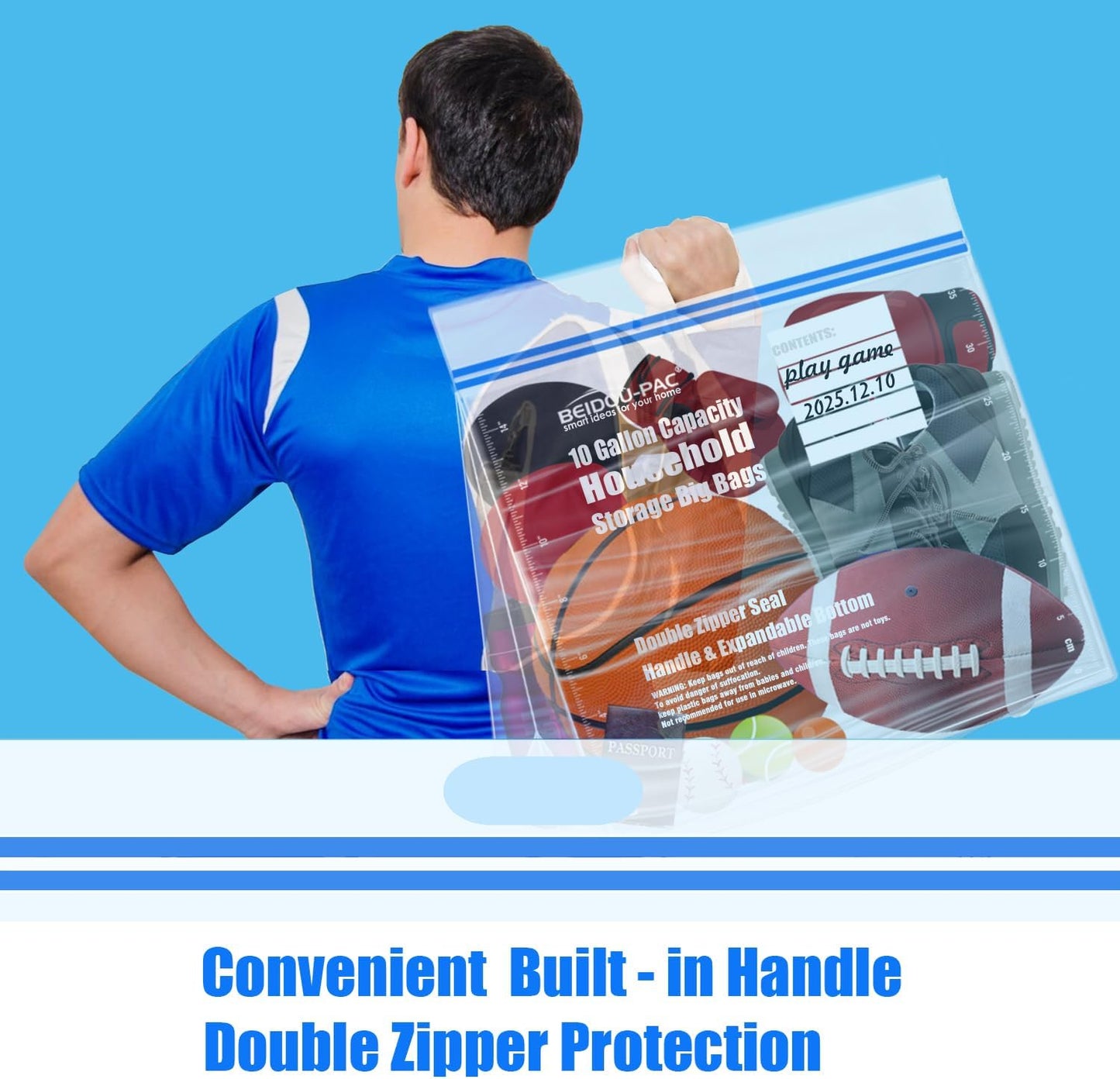 10 Gallon Large Storage Bags with Handle, 25 Counts | Double Zipper Seal | Expandable Bottom, Resealable Clear zip Bags