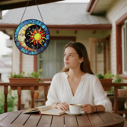 Sun and Moon Suncatcher Stained Glass Window Hanging | 8" Round Vibrant Sun Catchers Indoor Window & Wall Art Decor | Stain Glass Panel Gift for Women | Birthday & Housewarming Gifts