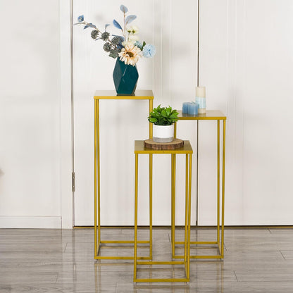 VINCIGANT Gold Pedestal Stand for Party ,Set of 3 Metal Plant Stand Tall Cake Cylinder Pedestal Stand for Wedding Flower Vase , Corner Planter Pot Rack for Living Room Patio Decor