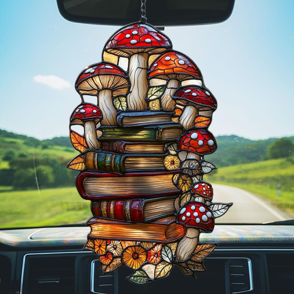 Forest Mushroom Books Acrylic Suncatcher Stained Glass Effect Window Car Hanging Christmas Ornament Indoor Outdoor Decor Garden Sun Catcher Panel for Book Lover for Women Mom Grandma
