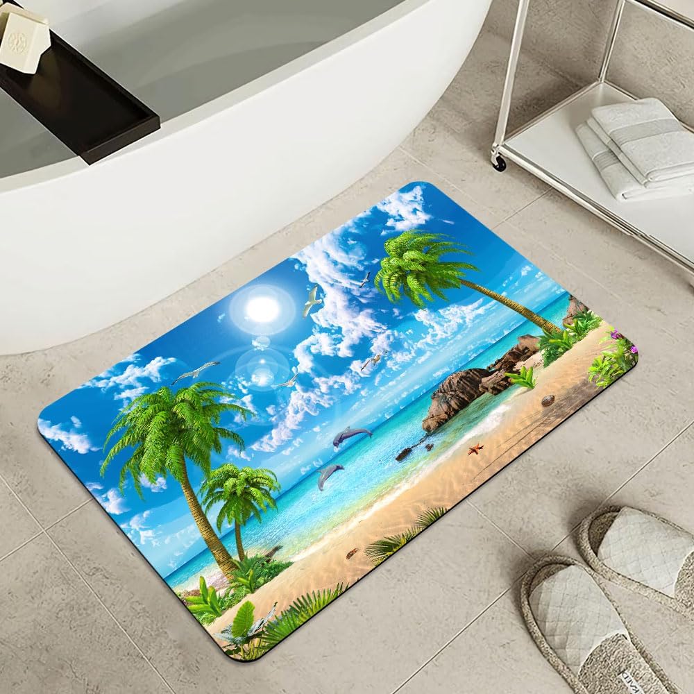 Bath Mat-Bathroom Rug，Summer Coconut Beach Dolphins-Absorbent Non Slip Quick Dry Stain Resistant Easy to Clean Care Shower Rug for Bathtub Shower Room 17×27.5Inch (43 * 70cm)