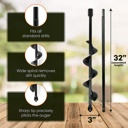 Auger Post Hole Digger 3" Wide 32" Deep - Earth Auger - Trench Digger - Hole Digger Tool for Fence Posts - Electric Post Hole Digger Handles