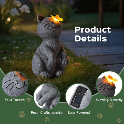DyBaxa Solar Garden Décor, Garden Statues, Gifts for Women, Mom, Grandma, Patio, Balcony, Yard Decorations Outdoor - Unique Birthday & Housewarming Gifts, Cat Decor with Butterfly Light