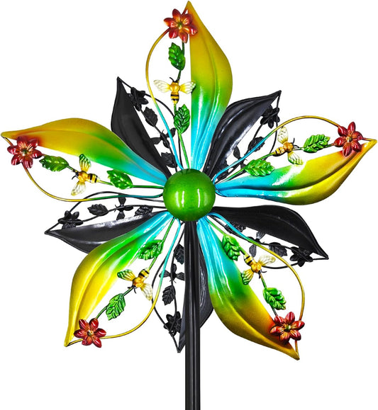 Wind Spinners Outdoor,Kinetic Wind Sculptures & Spinners, 57" Double-Side Metal Wind Spinner for Yard and Garden, Lawn Art Decorations Flower & Bee