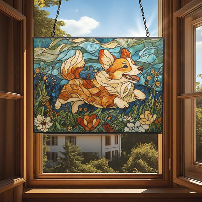 Customized Rectangle Art Nouveau Meadow Corgi Stained Glass Window Hanging Suncatcher Stained Glass Home Decor Garden Halloween Christmas Party Wedding Housewarming Gifts