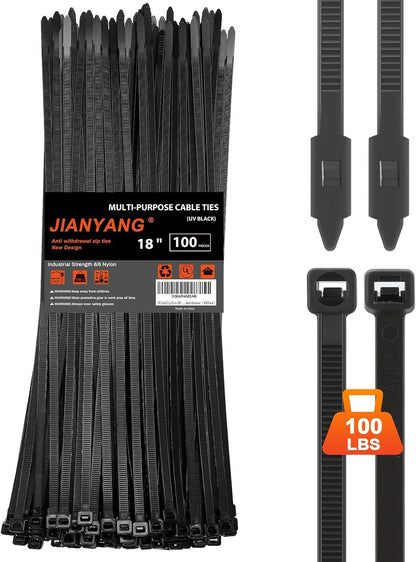 18 Inch Anti Withdrawal Zip Ties 100 LBS Tensile Strength Heavy Duty Cable Wire Ties With Self-Locking Adjustable More Durable Nylon Tie Wraps for Indoor Outdoor（100 Pack）