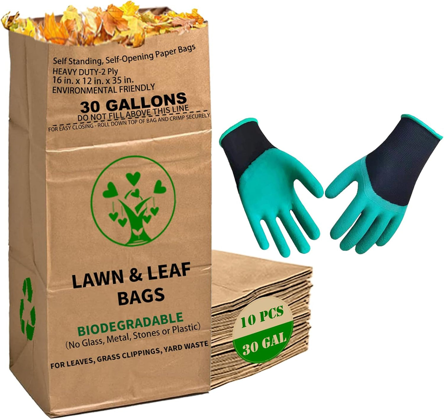 10 Count 30 Gallon Lawn and Leaf Bags with Gardening Gloves, 2-Ply Heavy Duty Large Kraft Paper Bags | Tear Resistant Yard Waste Bag for Grass Clippings, Wet and Dry Leaves, Weeds, and Twigs