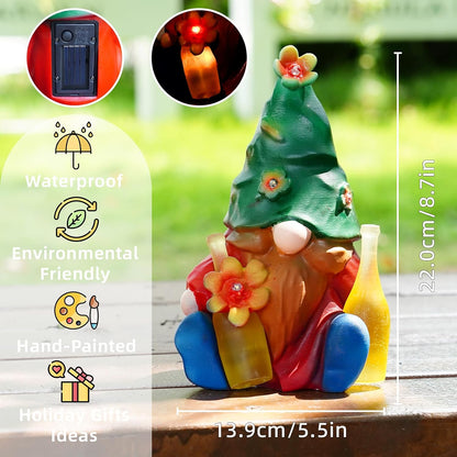 Solar Garden Statues Lights, 8.5" Cute Outdoor Gnome Figurine with Auto On/Off for Yard Patio Decor, Gifts for Women, Grandma, Mom, Housewarming (Tipsy Bloom Gnome)