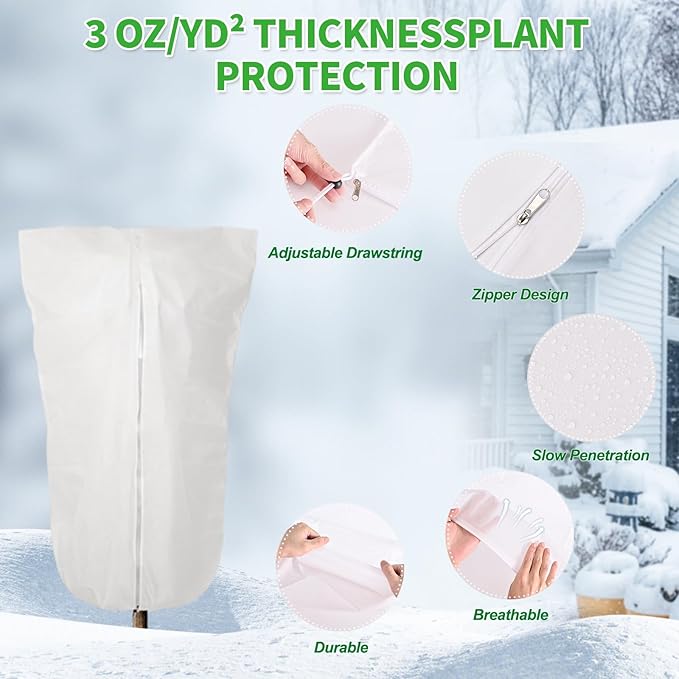 2 Pack 32"x24" Winter Plant Cover Freeze Protection Frost Cloth Blankets, 3 oz/yd² Frost Covers with Zipper Drawstring, Frost Protection Tree Cover for Outdoor Plant Cold Weather Protector