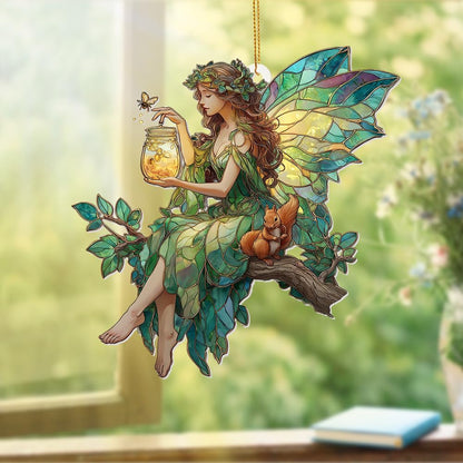 Fairy Stained Glass Acrylic Ornament – Enchanted Forest Fairy with Squirrel, Hanging Window Sun Catcher Decoration, Whimsical Christmas Ornament Gift for Women and Girls (Sun-32)
