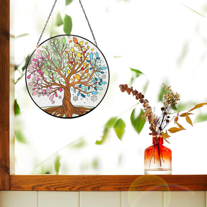Tuitessine Big Size Tree of Life Stained Glass Suncatcher Four Season Theme Colorful Leaves Wall Window Hanging Ornament Hand-Painted Glass Panel Gift for Women Christmas Thanksgiving Gift 7.9 × 7.9”