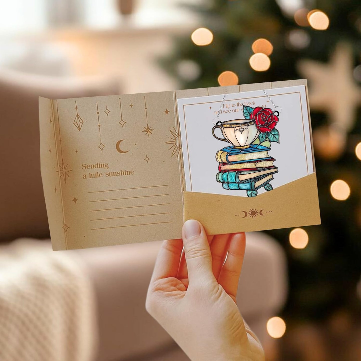 Teacup Books Bookish Acrylic Suncatcher Stained Glass Effect Window Car Hanging Christmas Ornament Indoor Outdoor Decor Garden Bookworm Sun Catcher Book Lover for Women Mom Grandma