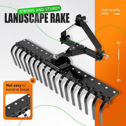 KUAFU 50" 3 Point Landscape Rake for Category-0 Cat-0 Tractor with 360 Degree Rotation, Replaceable Spring Tines and Pin Hith, Rock Attach Rake Tow Behind Dethatcher for Lawn, Garden, Farm, Grass