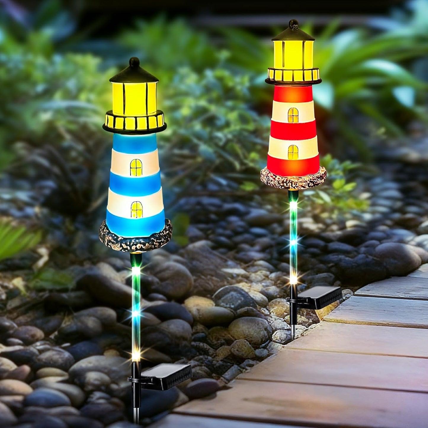 Solar Lighthouse Outdoor Decor (2PACK) Ideal for pathway lighting in gardens, walkways, and patios. Enhances garden, lawn, planter, backyard, and courtyard decor. Nautical-Style Outdoor Solar Lights