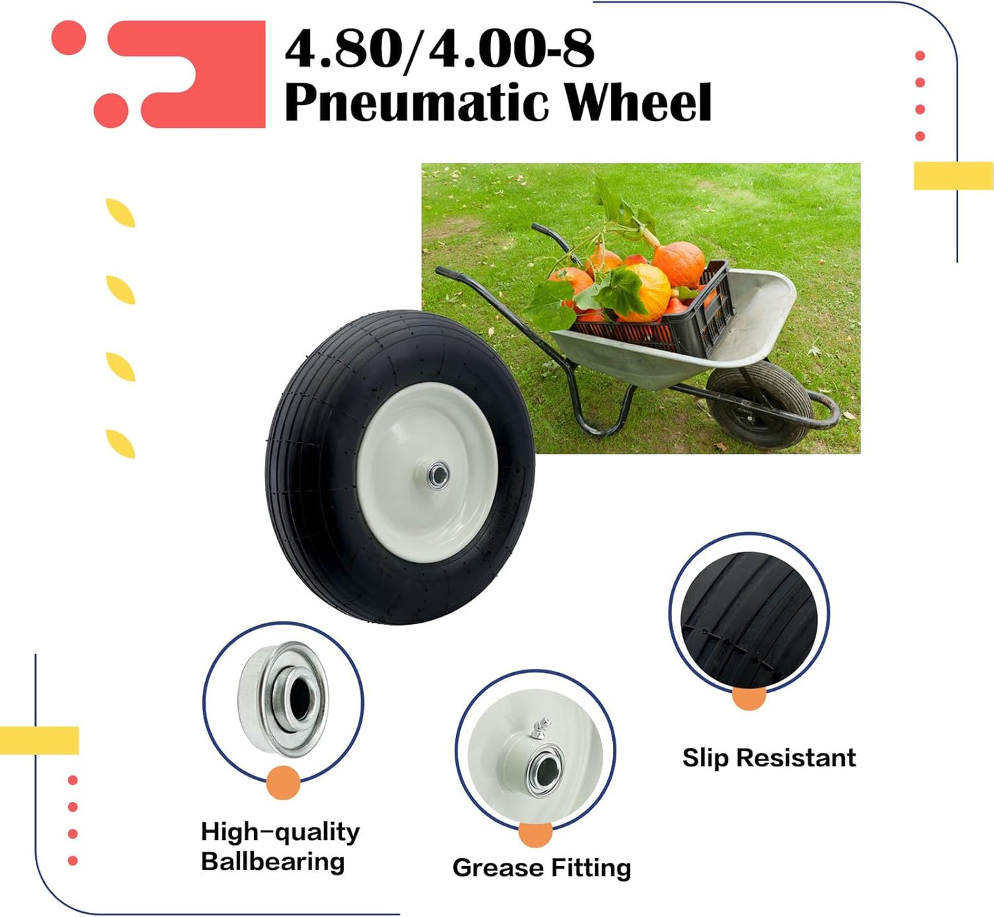 2-Pack 4.80-8 Wheelbarrow Tire with Rim 3"-6''Centered Hub, 3/4" or 5/8''or 1/2'' Bearings, 16‘’ Tire Assembly for Hand Truck,Garden Cart (4.80/4.00-8 Tube Type,3" Center Hub,RibbedTread)