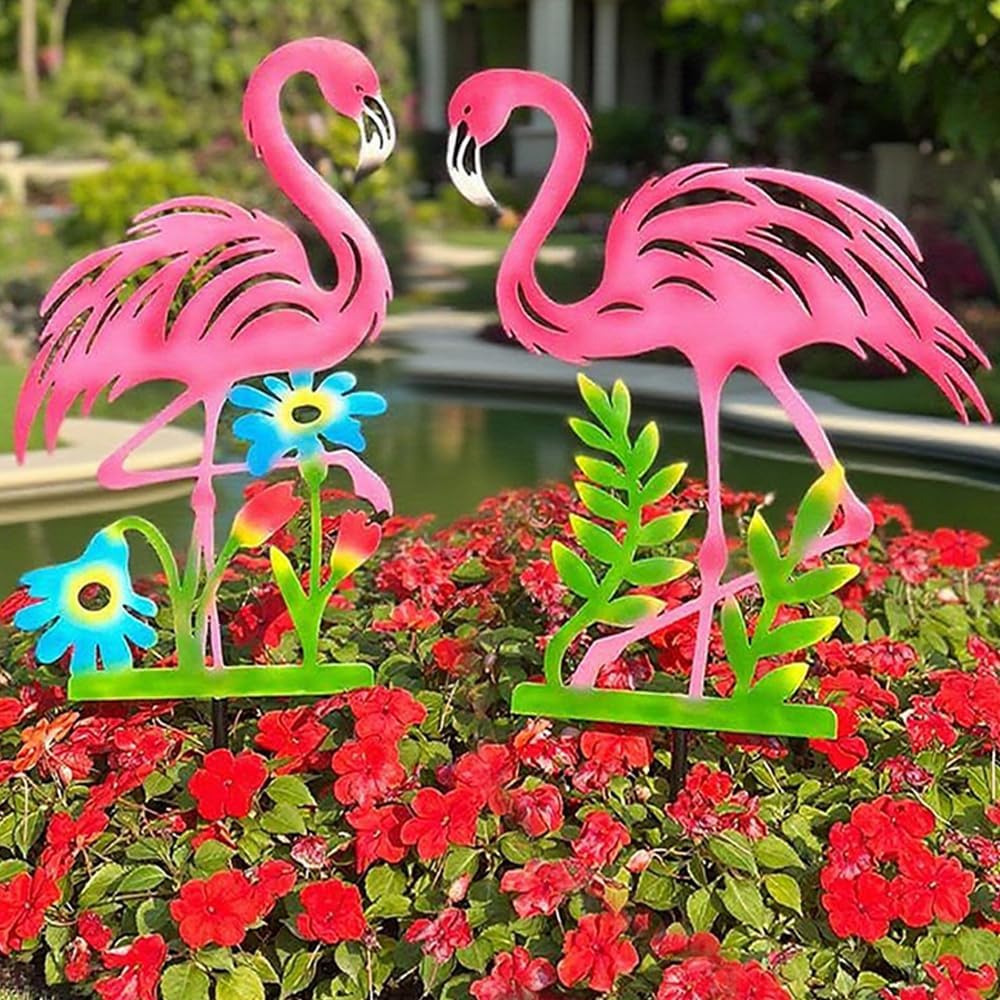 2 Pack Pink Flamingo Garden Statue - 20.5 inch Hand Flamingo Painted Metal Patio Art, Outdoor Decorative Stake Flamingo Statue for Lawn, Patio, Porch and Backyard, Gifts for Ladies (A Style 2 Pack)