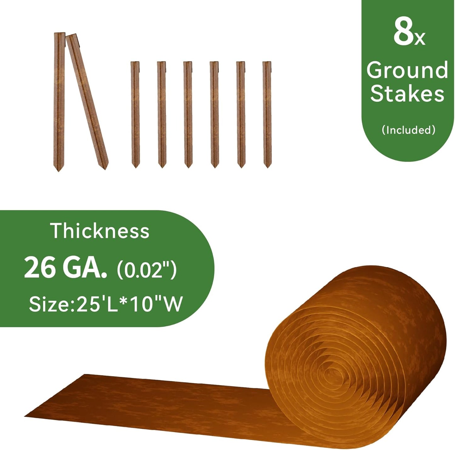 Worth Galvanized Steel Landscape Edging 10" x25' Metal Garden Edging Roll Flexible Bender Border with 8Pcs Stakes for Lawn, Flower Bed Edges, Rust-Colored Painted