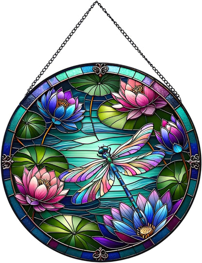 RIVEENY Dragonfly Stained Glass Window Hanging, Stained Glass for Windows,Dragonfly Sun Catcher Garden Hangings Christmas Mother's Day
