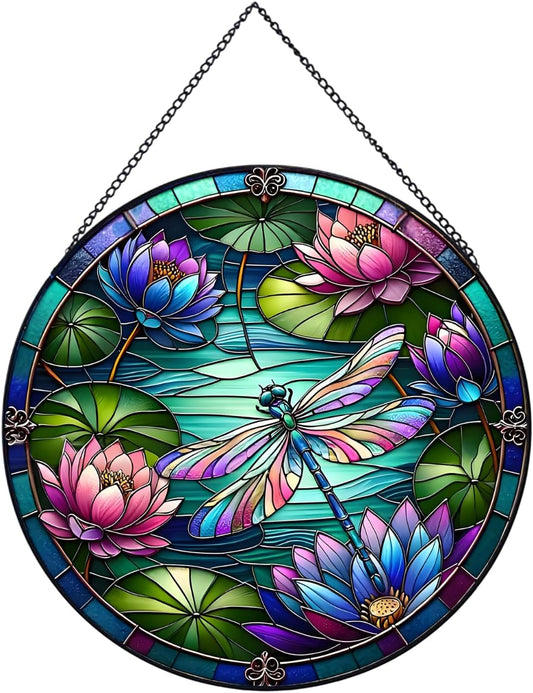 RIVEENY Dragonfly Stained Glass Window Hanging, Stained Glass for Windows,Dragonfly Sun Catcher