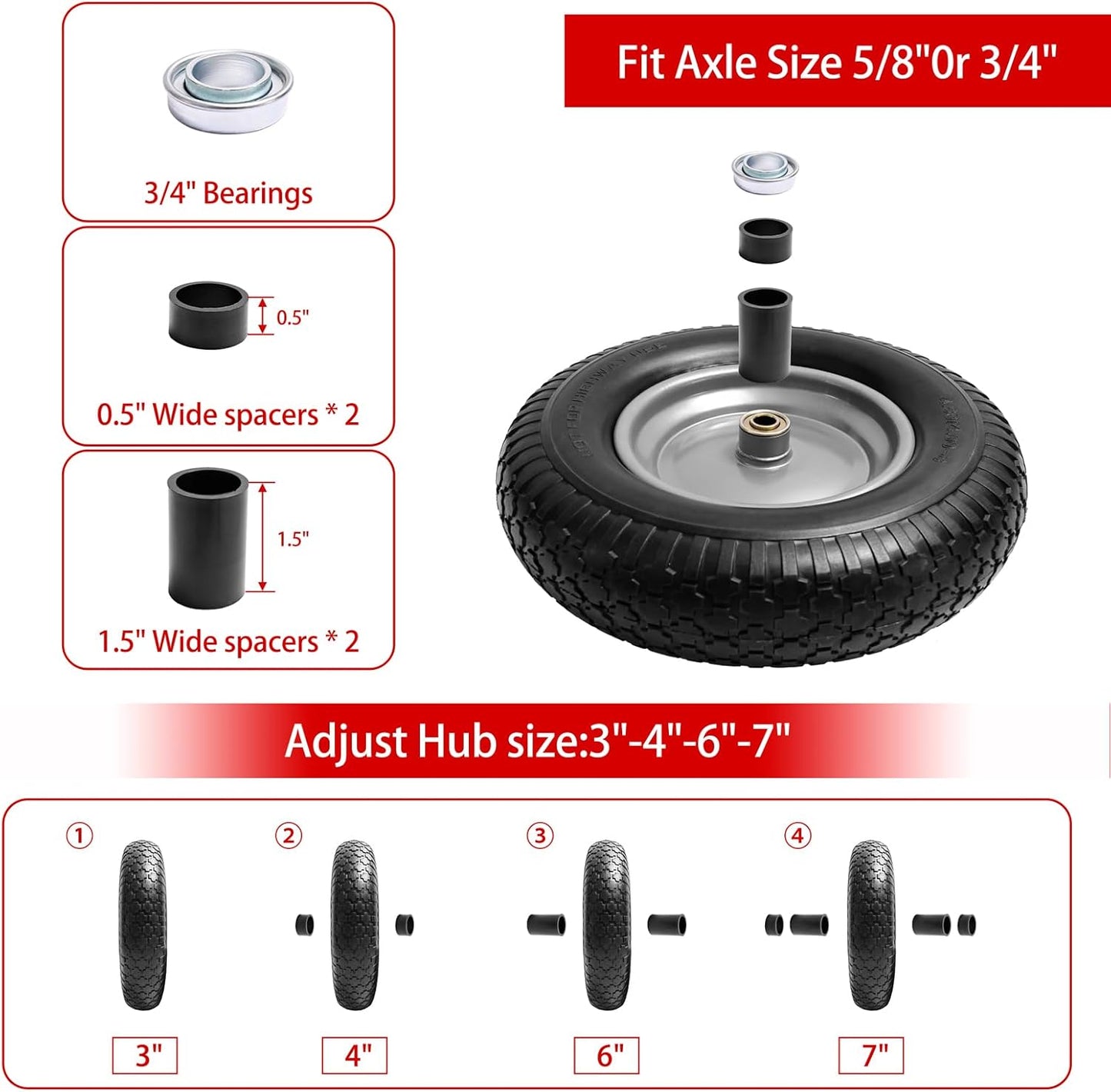 16" Flat Free Wheelbarrow Tires,4.80/4.00-8"Flat-Free Solid Tire with 3" Centered Hub,5/8" & 3/4" Bearing For Wheel Barrow Garden Utility Cart Lawn Mover Replacemen(2 Pack)