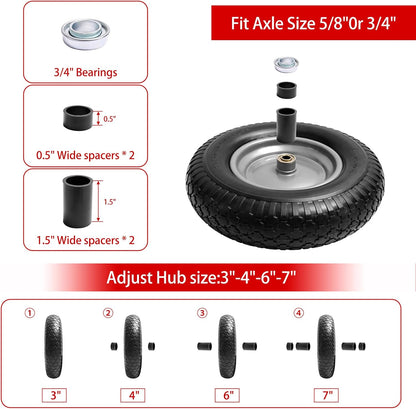 16" Flat Free Wheelbarrow Tires,4.80/4.00-8"Flat-Free Solid Tire with 3" Centered Hub,5/8" & 3/4" Bearing For Wheel Barrow Garden Utility Cart Lawn Mover Replacemen(2 Pack)