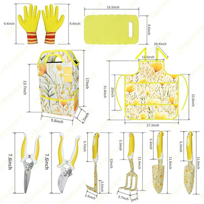 Yellow Garden Tools for Women, iHansee 10-Piece Garden Tools Set with Handbag, Gardening Hand Tool w/Non-Slip Ergonomic Handle, Floral Print Garden Supplies, Cute Gardening Gift for Mom Grandma