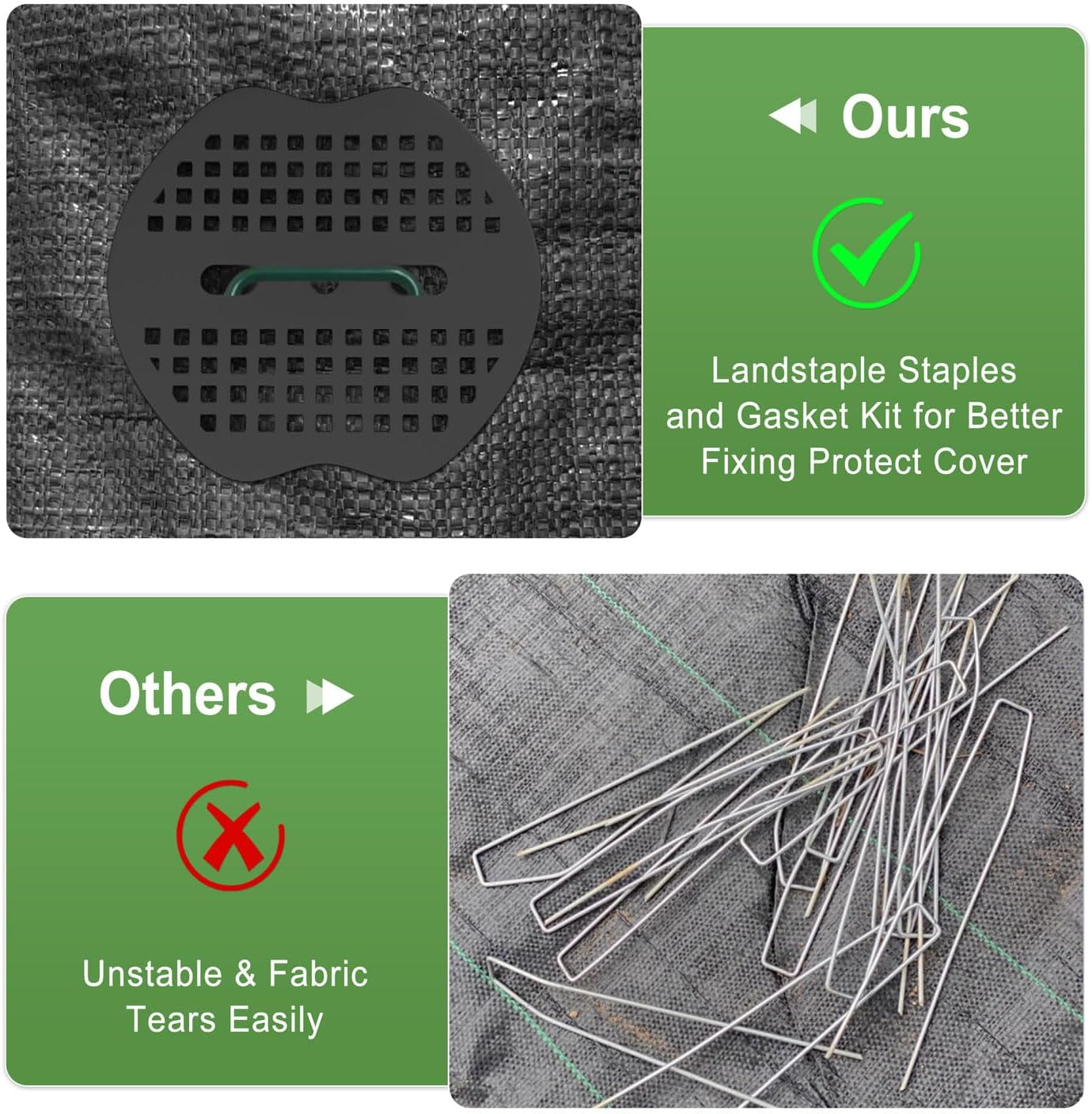 FOTMISHU Landscape Staples 6Inch 150pcs Garden Stakes + 150pcs Gasket, Lawn Pins with Spray Coating Craft,11Gauge Anti-Rust Ground Yard Spikes Anchoring for Outdoor Tents Irrigation Hoses (Green)