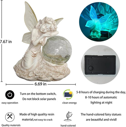 Fairy Garden Statue ，Solar Garden Decor ，Fairy Statue Outdoor with Glass Ball ，Waterproof Outdoor Decor，Suitable for Yard, Lawn ，Ideal for Holiday Giving (Left)