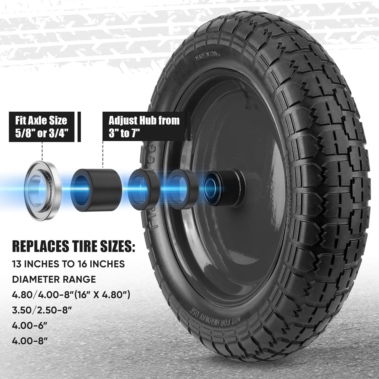 TICONN 4.80/4.00-8 Tire, 14.5" Flat Free Wheelbarrow Tire and Wheel, Solid Replacement Tires, 5/8" 3/4" Bearings, Universal Fit 4.80/4.00-8, 3.50/3.00-8, 4.00-6 (14.5" Black, 4PK)