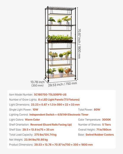 VEVOR Plant Shelf with Grow Light, 6-Tier Indoor Plant Stand, 71 in Tall Plants Display Rack with Wheels & 4/9/14H Timer, 80W T5 LED Full Spectrum Grow Lights, Flower Pot Holder for Seed Starting