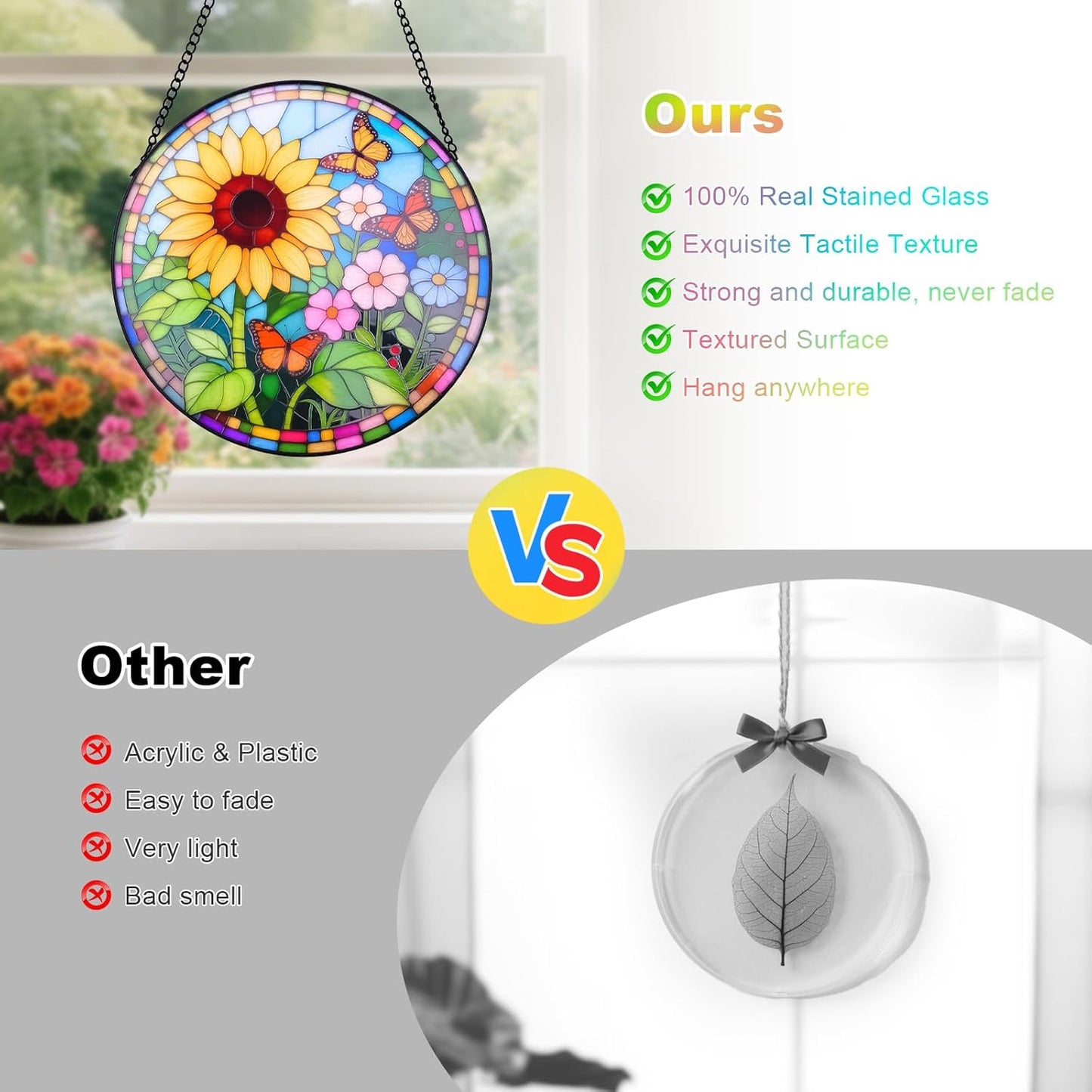 Sunflower Stained Glass Window Hanging Suncatcher – Round Floral Glass Panel for Window, Garden, Wall Decor – Sunflower Gift Suitable for Birthdays and Mother's Day (12 Inch)
