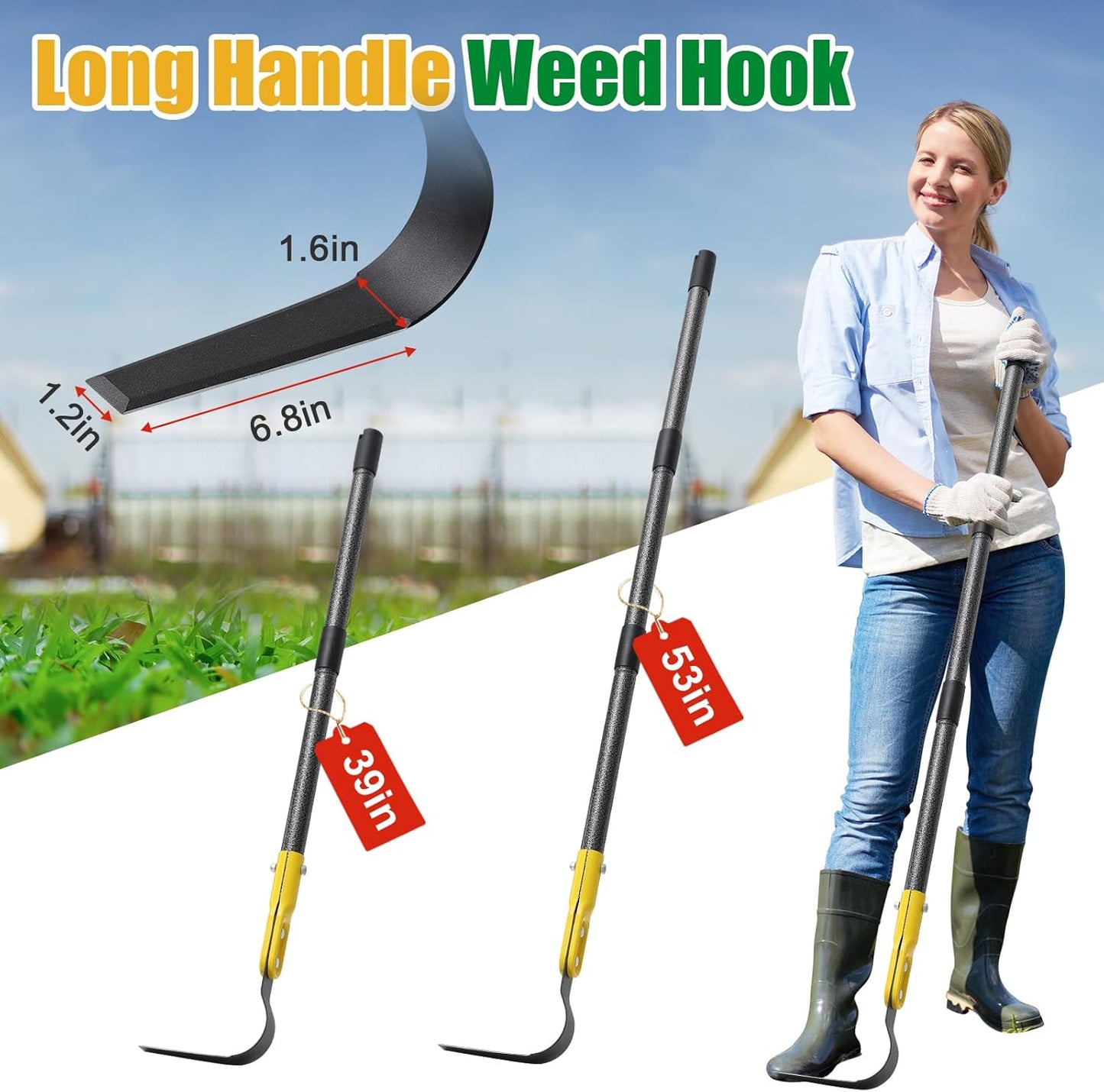 Garden Hoe Tool, 53" Crevice Weeding Tool - L Shape Sickle Garden Tool with Double-Edged Blade and Adjustable Long Handle for Weeding, Loosening Soil, Trenching, Heavy Duty Hoe Garden Tool