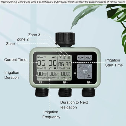 3 Outlet Sprinkler Timer Brass, XinFuture Water Timer, Programmable Garden Hose Timer with Rain Delay, Manual& Automatic Watering System, Waterproof Digital Irrigation Timer for 3 Separate Water Zones