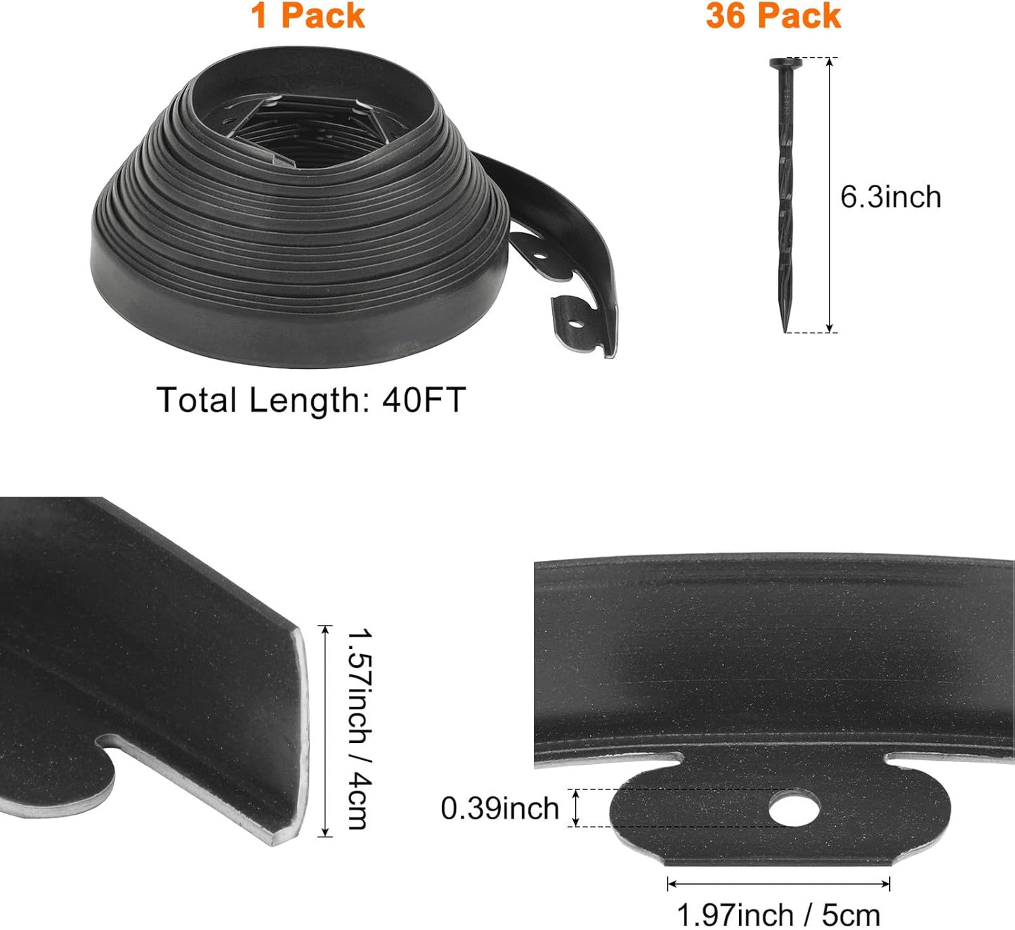 Garden Edging - 40 Feet Plastic Landscaping Edging Border with 36 Pack Spikes Apply to Flower Beds/Grass Lawn/Yard (1.57Inches Tall, Black)